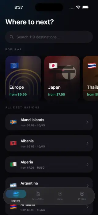 Tavi app Explore screen with Europe, Japan, and Thailand travel eSIM plans